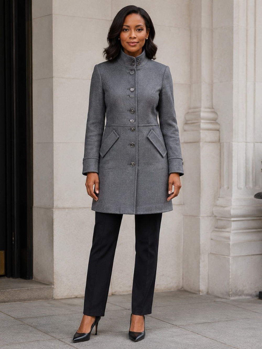 Trina Turk | Charcoal Gray Sand Collar Medium Long Jacket | Size Small
